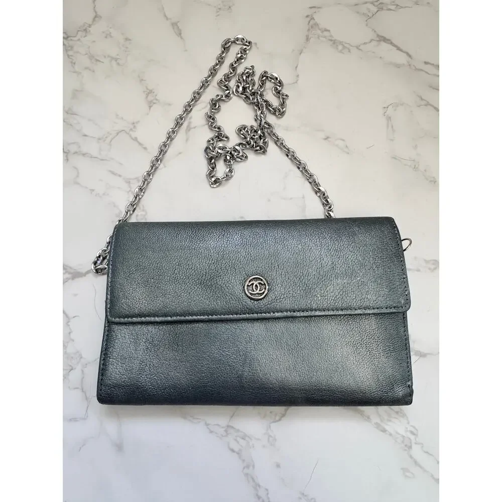 Chanel Coco Button Trifold Long Wallet Blue Shimmer Vintage